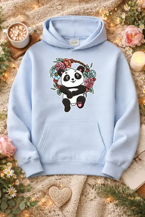 Lyseblå hoodie med Hyggefis i en blomsterkrans